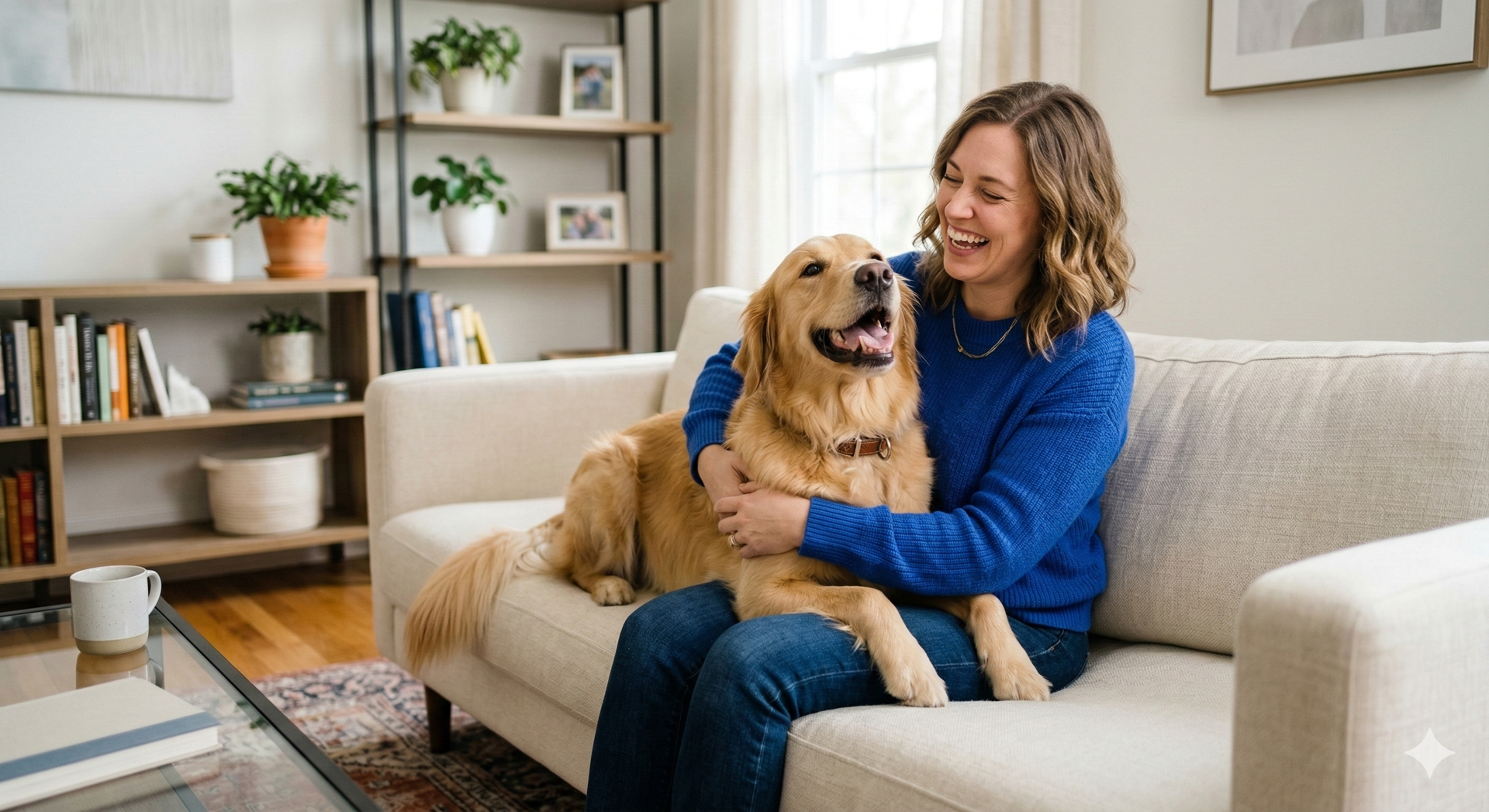 Mulher sorrindo com o seu cachorro no colo