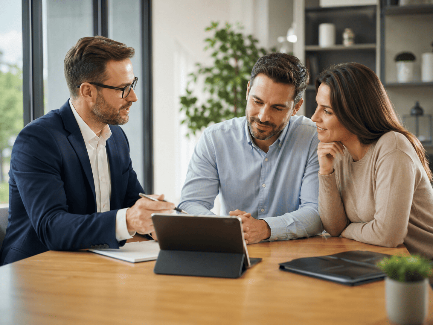 Homem e mulher conversando com um consultor 