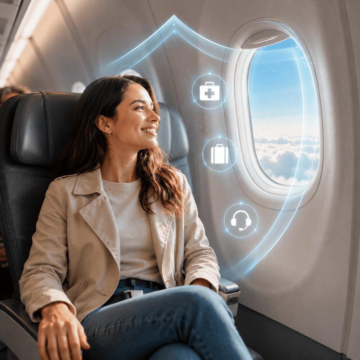 mulher tranquila dentro do avião