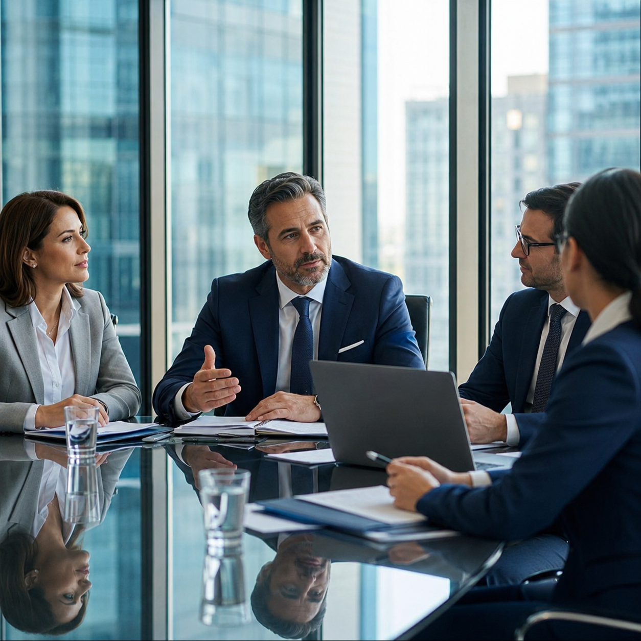 Reunião corporativa em ambiente moderno