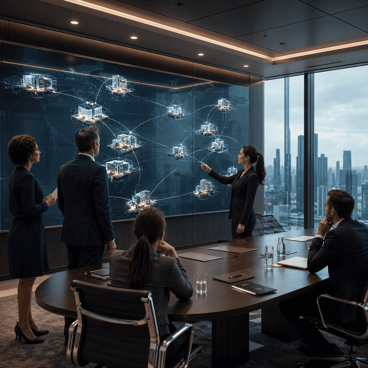 Reunião corporativa futurista e colaborativa