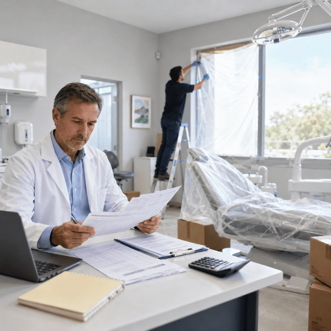 Consultório moderno em reforma com foco no trabalho