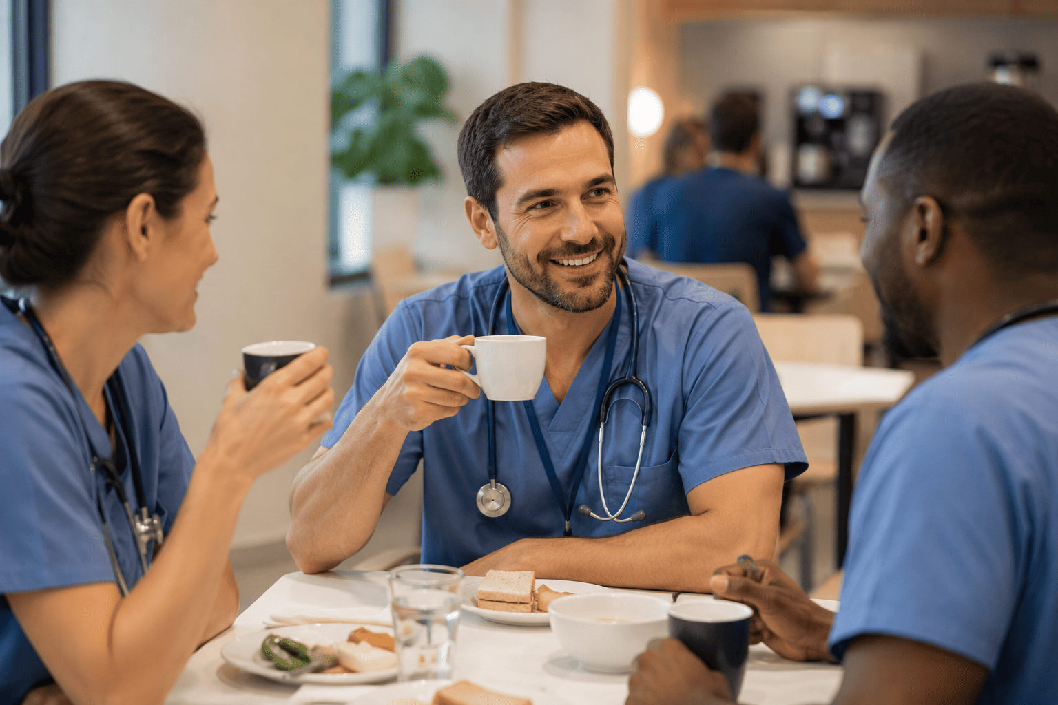 Pausa descontraída no refeitório hospitalar