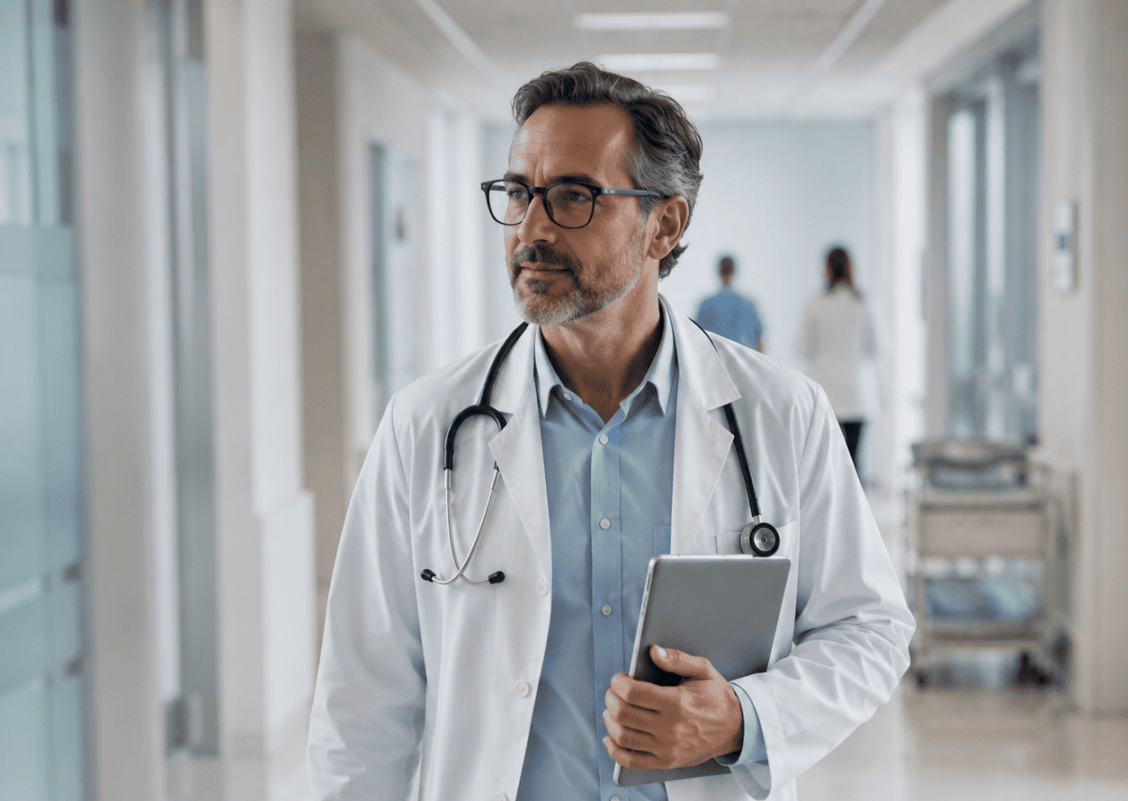 Médico em corredor de hospital