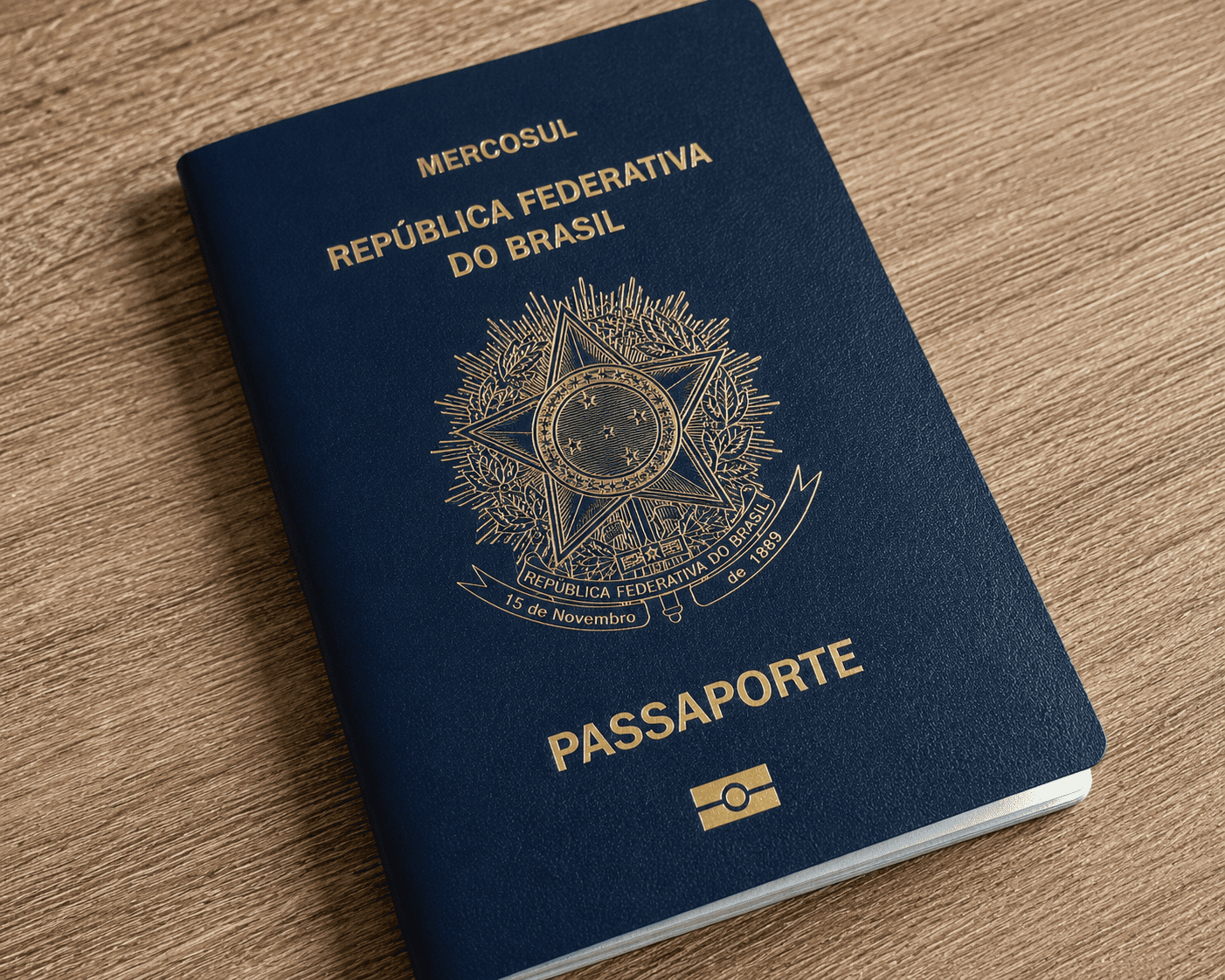Passaporte brasileiro sobre madeira