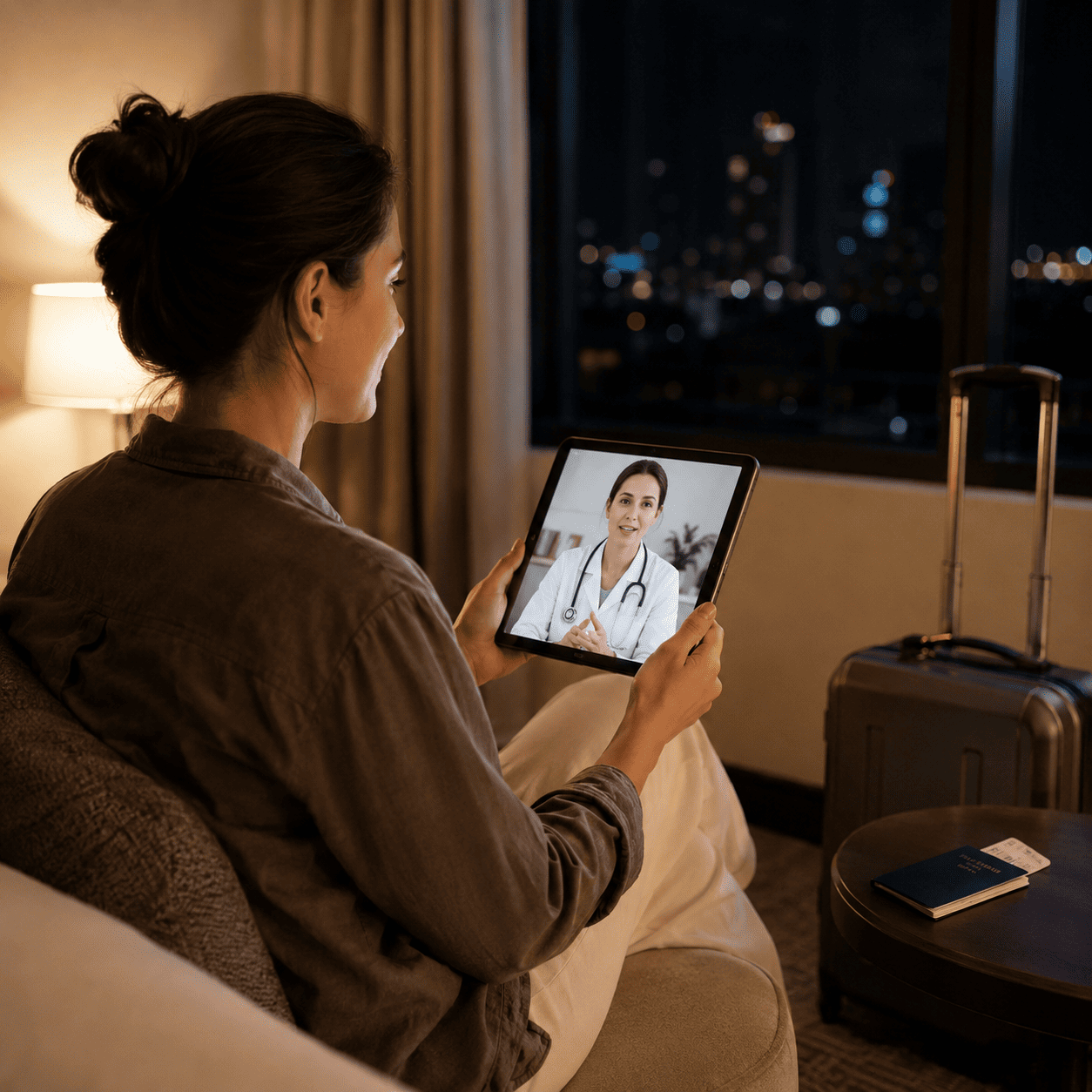 Chamada de vídeo noturna em hotel