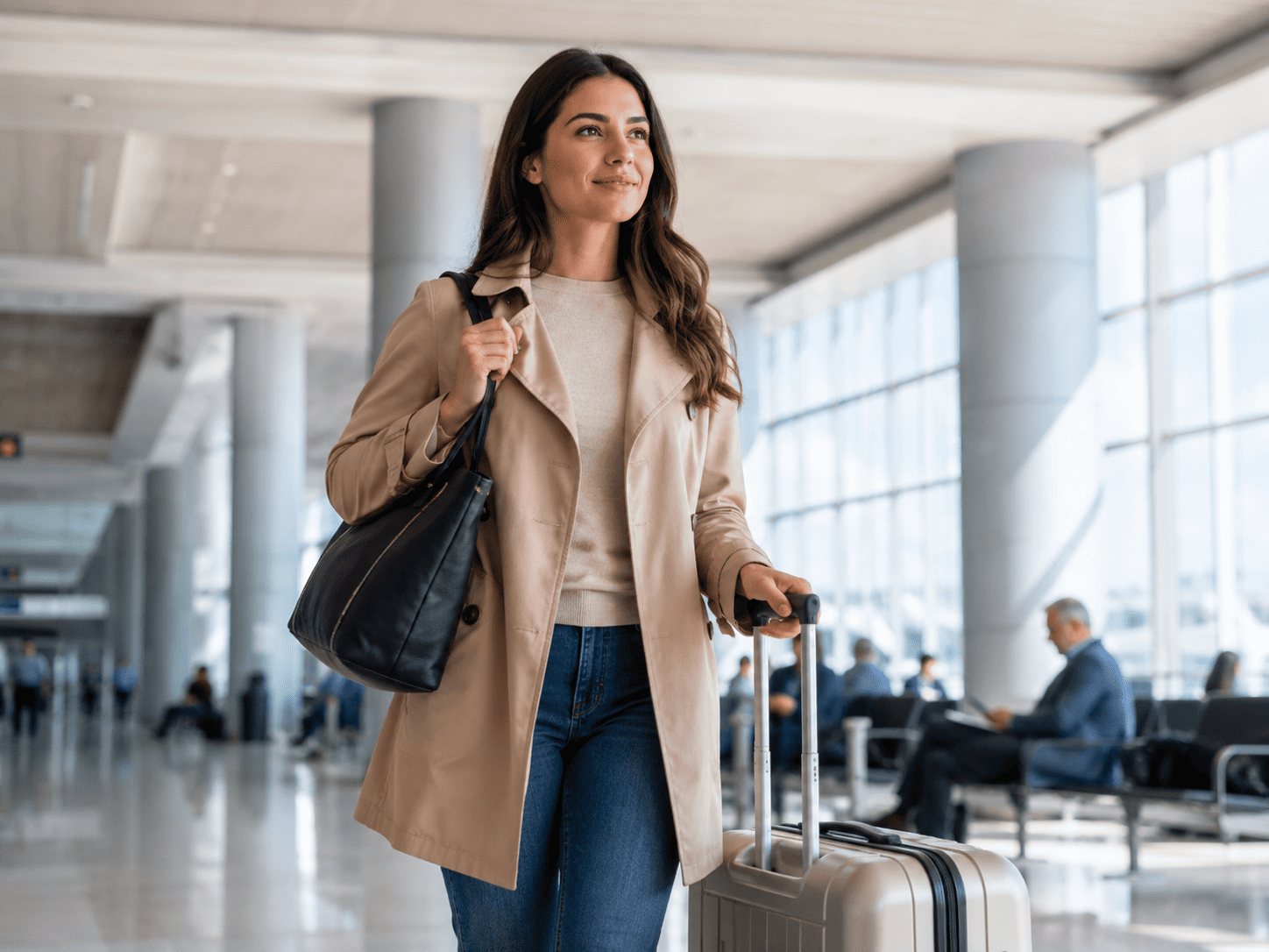 Mulher viajante em terminal moderno